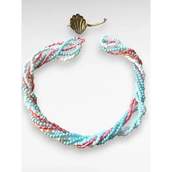 Vintage Multi Strand Seed Bead Torsade Necklace Gold Tone Scallop Clasp 15 Inch - Picture 8 of 8